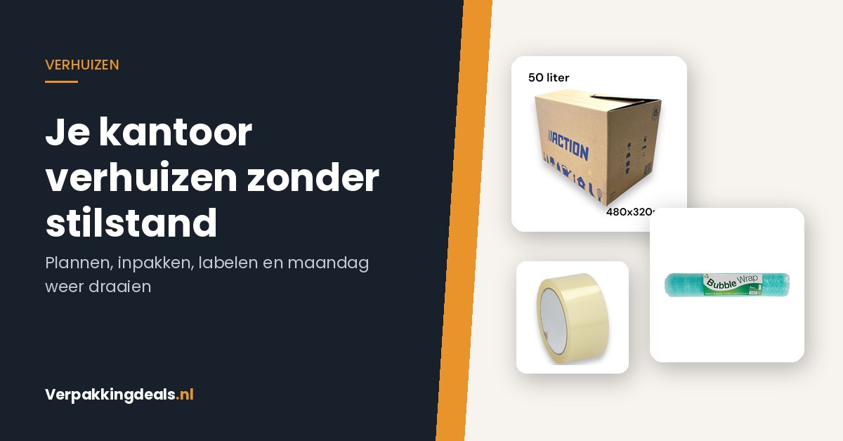 Verhuisdoos, noppenfolie en verpakkingstape voor een kantoorverhuizing
