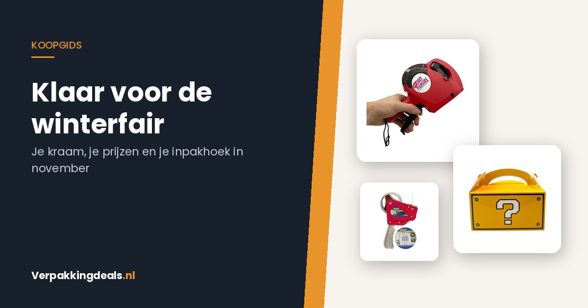 Prijstang, traktatiedoos en tapedispenser voor een kraam op een winterfair of kerstmarkt