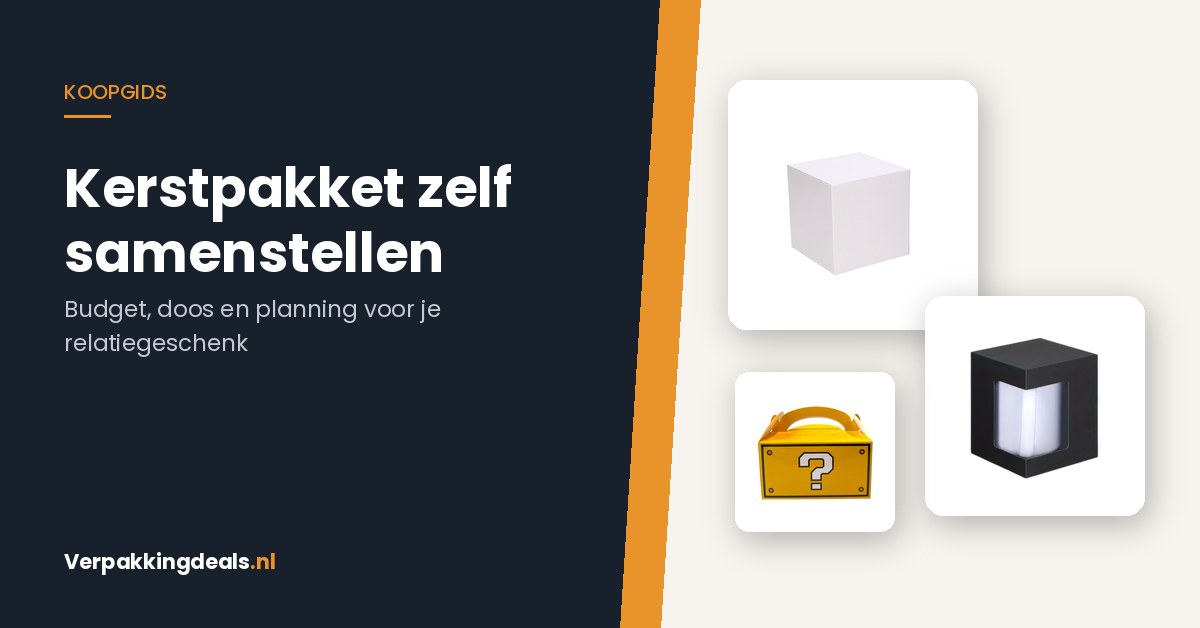 Kartonnen cadeaudozen en een traktatiedoos met handvat naast de titel Kerstpakket zelf samenstellen