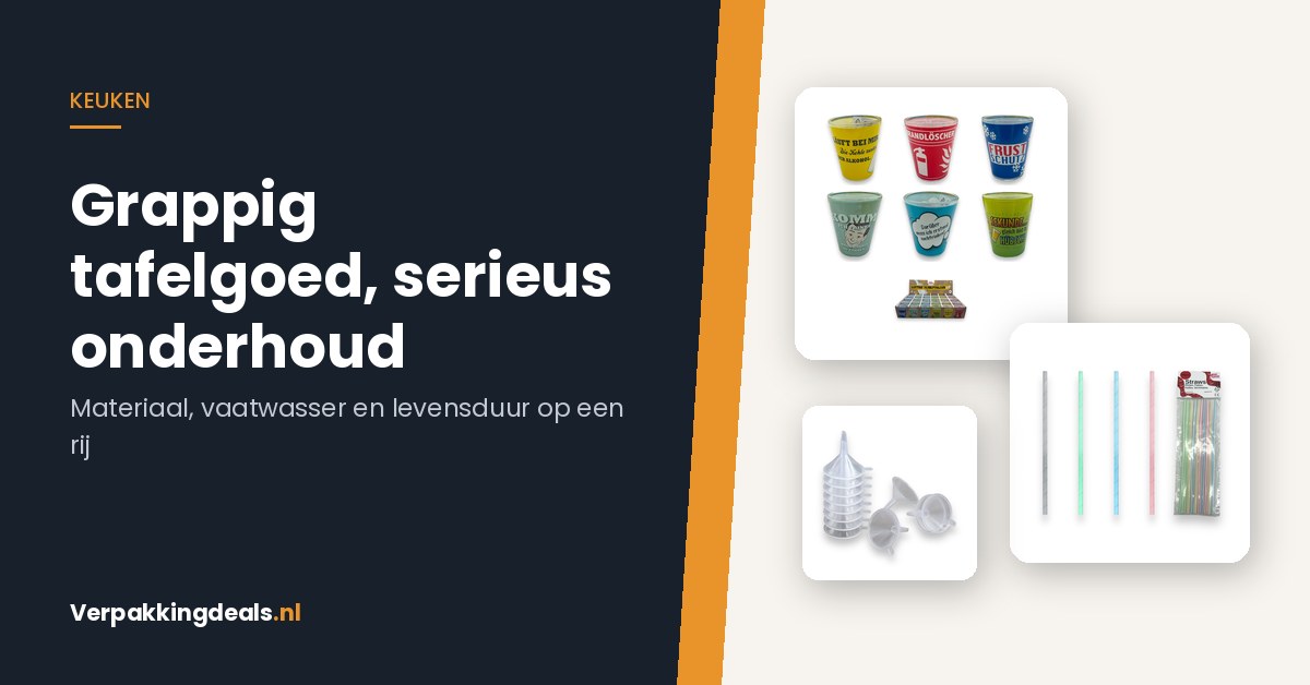 Shotglaasjes, papieren rietjes en mini-trechters naast de tekst Grappig tafelgoed, serieus onderhoud