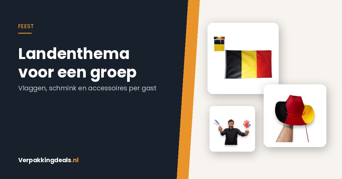 Vlaggen, cowboyhoed en handklappers in landenkleuren voor een themafeest