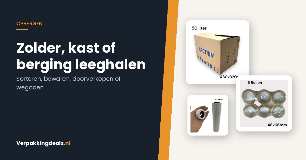 Verhuisdoos, rollen tape en prijsstickers bij de titel Zolder, kast of berging leeghalen