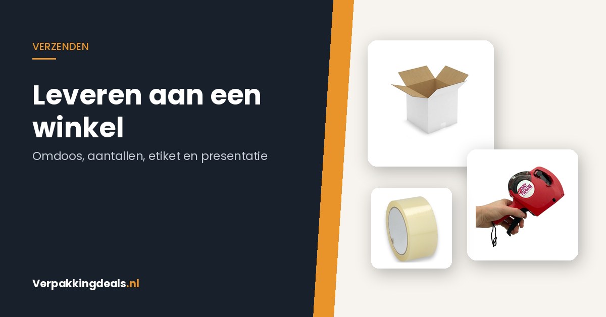 Kartonnen verzenddoos, verpakkingstape en prijstang bij de titel Leveren aan een winkel