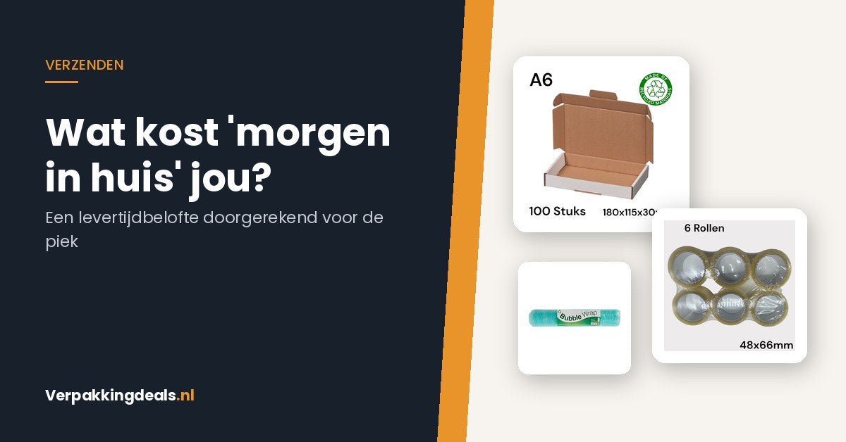 Brievenbusdozen, rollen verpakkingstape en noppenfolie voor een webshop die op tijd wil verzenden
