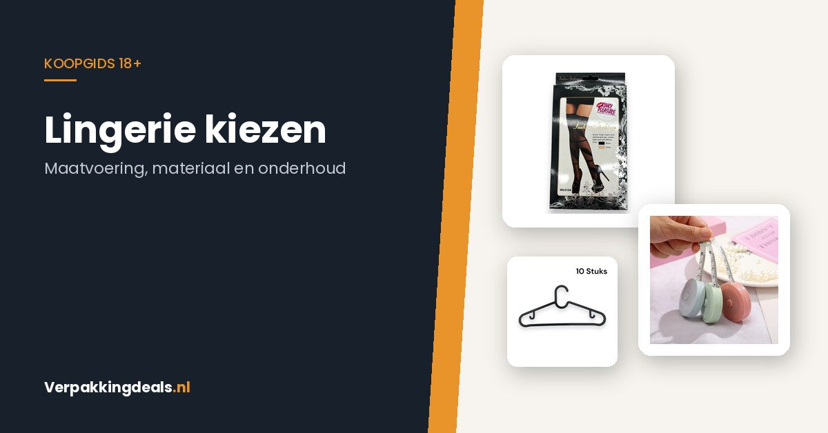 Verpakte panty, meetlint en kleerhangers naast de titel Lingerie kiezen