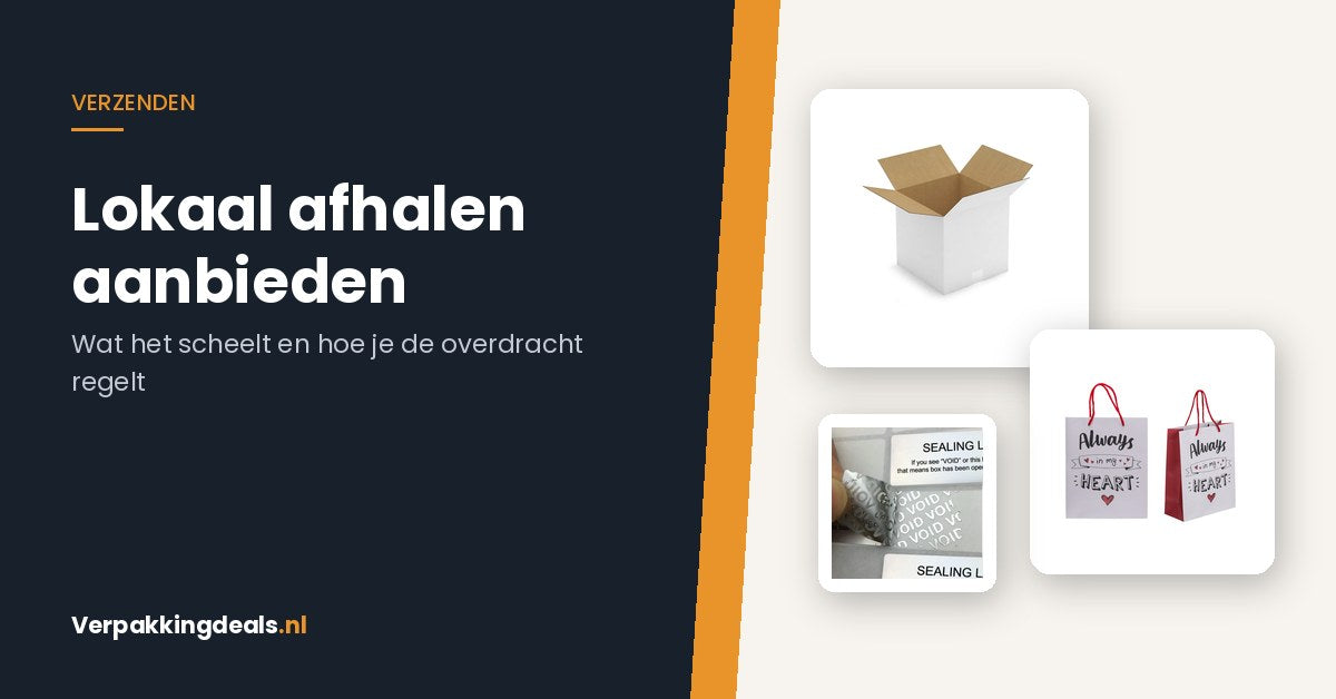 Kartonnen verzenddoos, papieren tas en VOID-veiligheidszegels voor bestellingen die klanten zelf afhalen