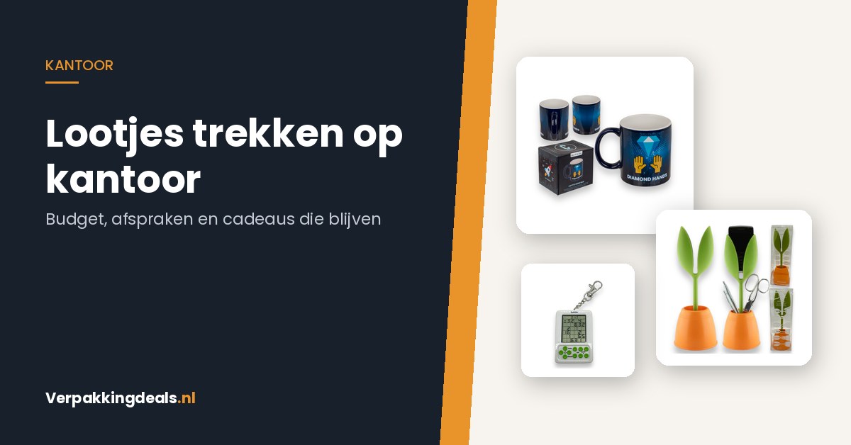 Mok, bureau-organizer en sleutelhanger als cadeaus voor lootjes op kantoor