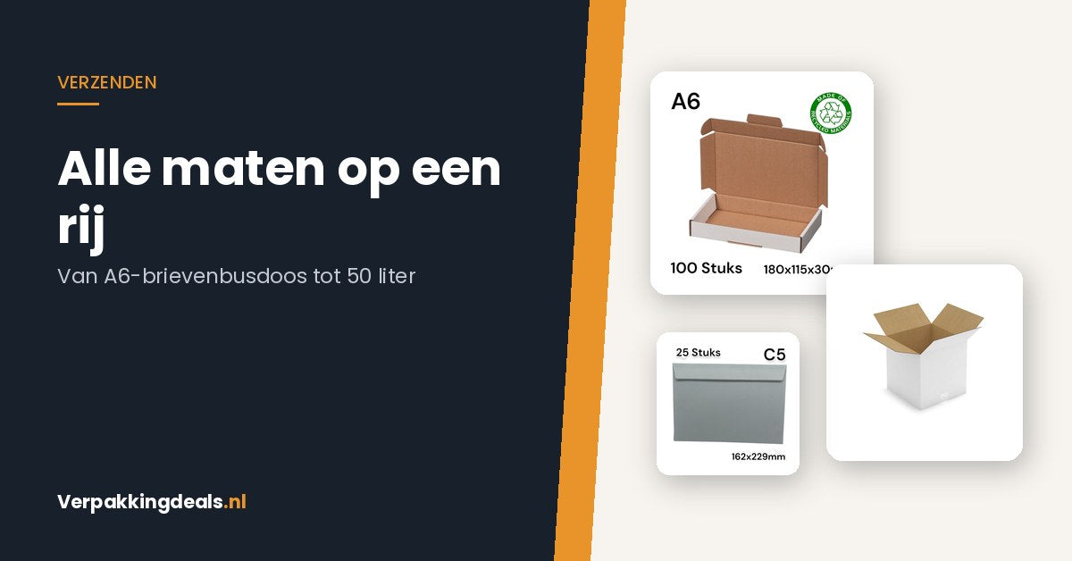 Overzicht van brievenbusdozen, verzenddozen en enveloppen met afmetingen