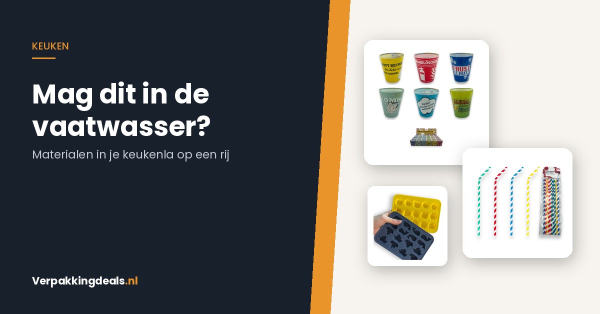 Glazen, papieren rietjes en een siliconen ijsblokjesvorm als voorbeelden van keukenmaterialen en de vaatwasser