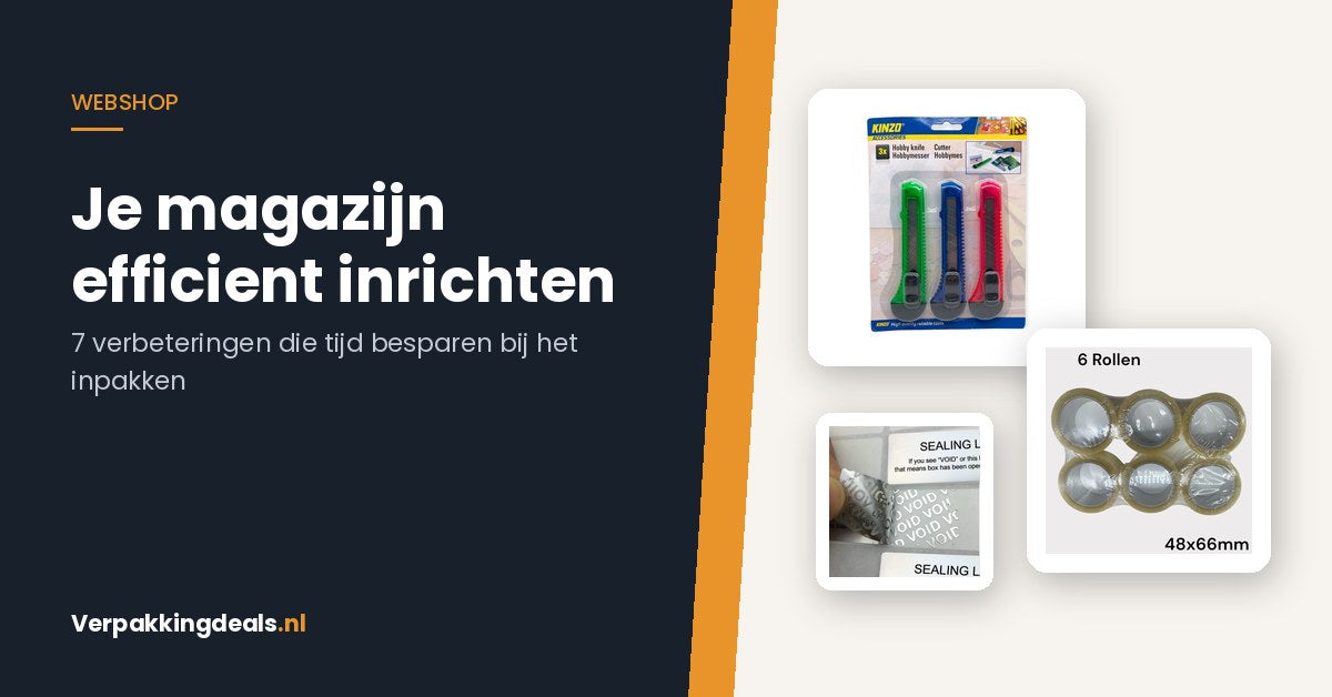 Magazijnmesjes, tape rollen en VOID-veiligheidszegels voor je inpaktafel