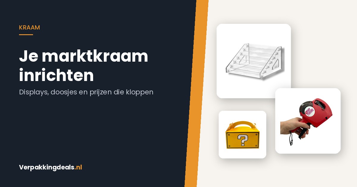 Acryl trapdisplay, prijstang en kartonnen traktatiedoos voor een marktkraam