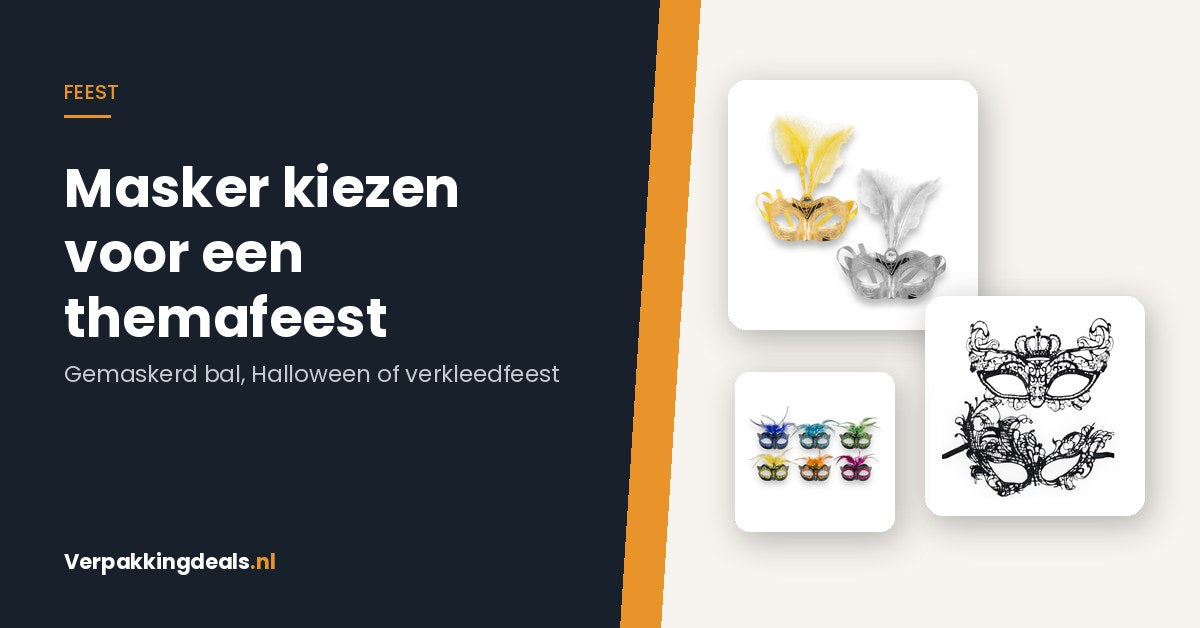 Venetiaanse maskers in goud, zwart en kleur naast de titel Masker kiezen voor een themafeest