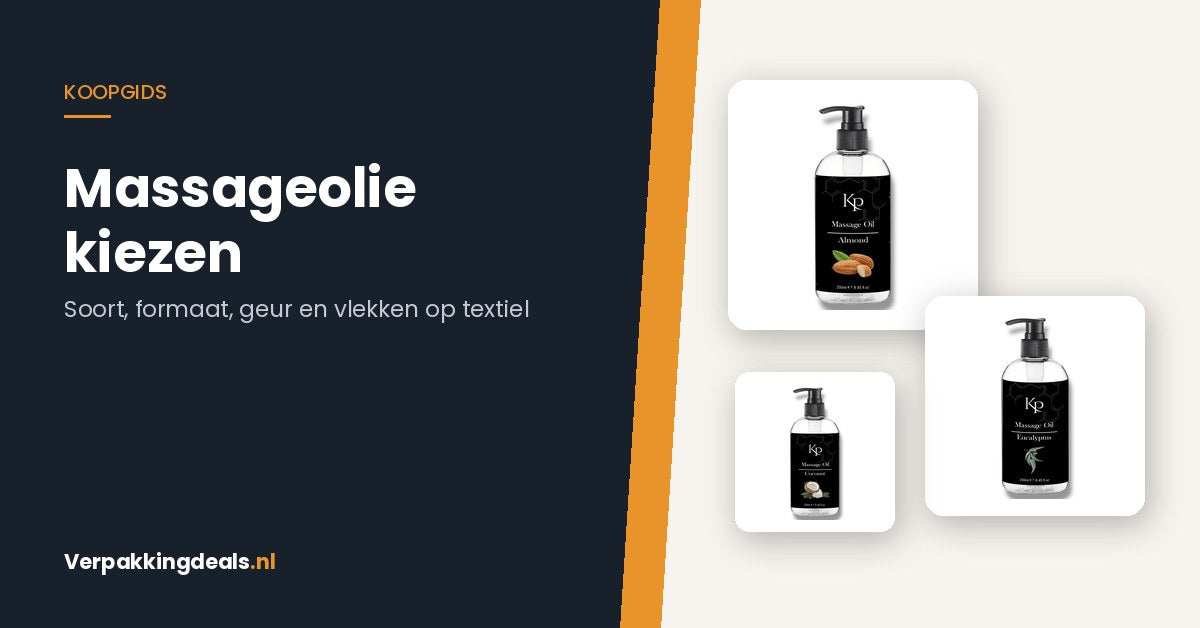 Drie flacons massageolie met pomp naast de titel Massageolie kiezen