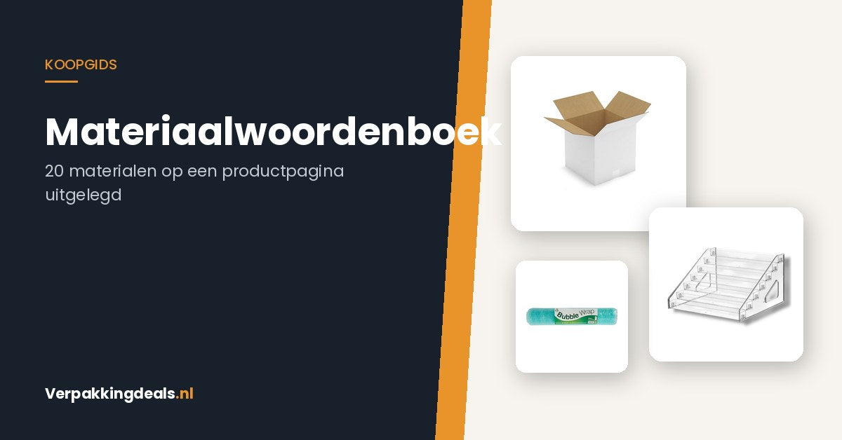 Kartonnen verzenddoos, acryl trapdisplay en een rol noppenfolie bij de titel 'Materiaalwoordenboek'