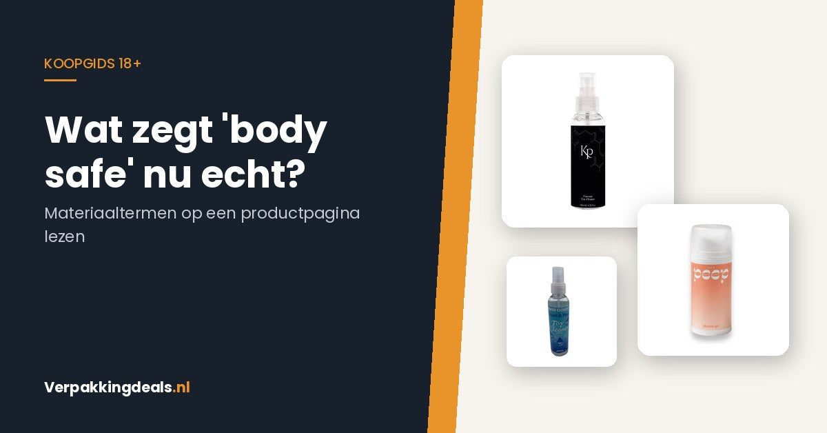 Flacons toycleaner en glijmiddel op waterbasis bij de titel over materiaaltermen op een productpagina