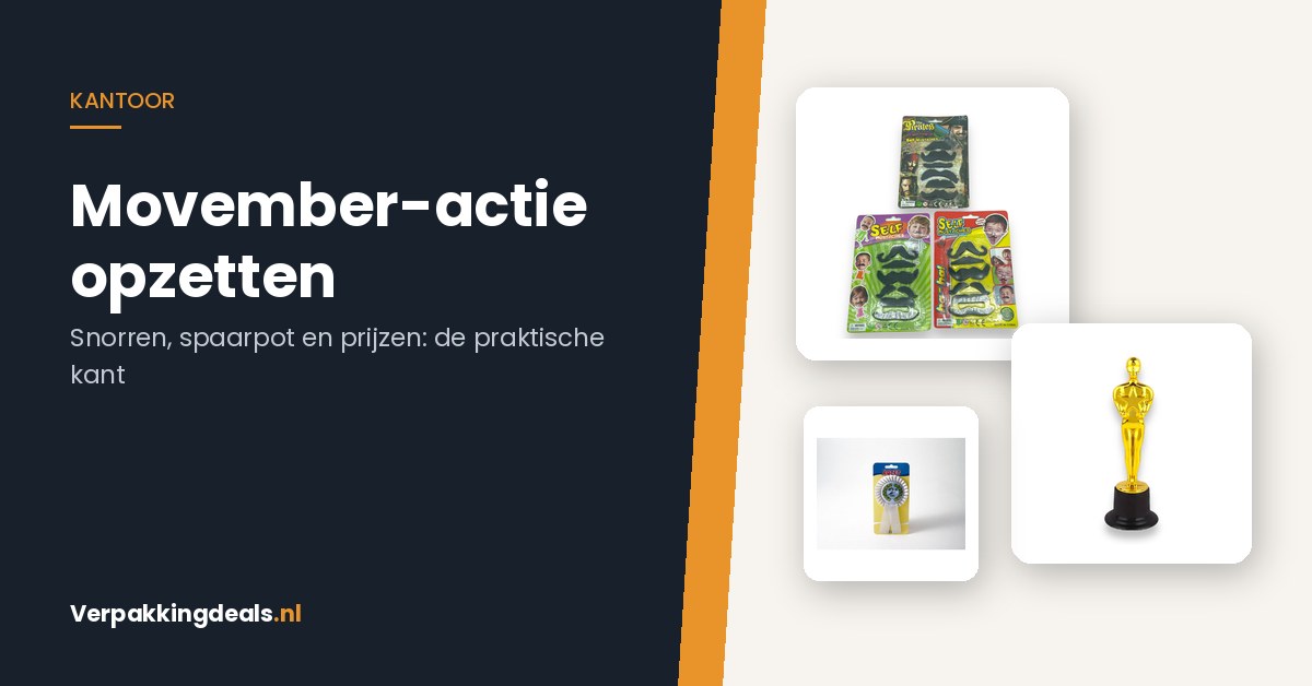 Plaksnorren, trofee en rozet bij de tekst Movember-actie opzetten
