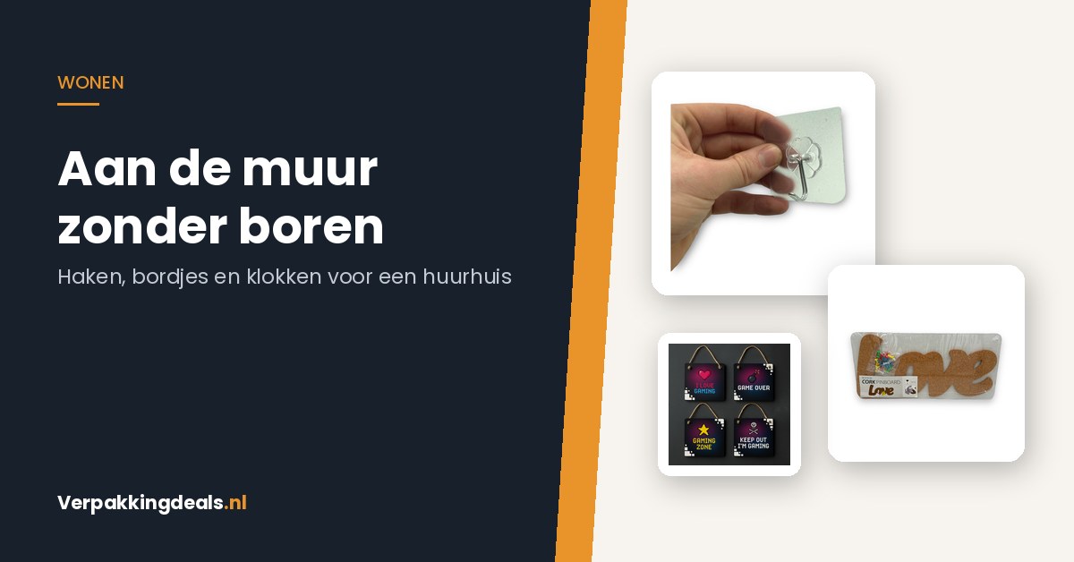 Zelfklevende haken, kurken prikbord en hangbordjes voor aan de muur zonder boren