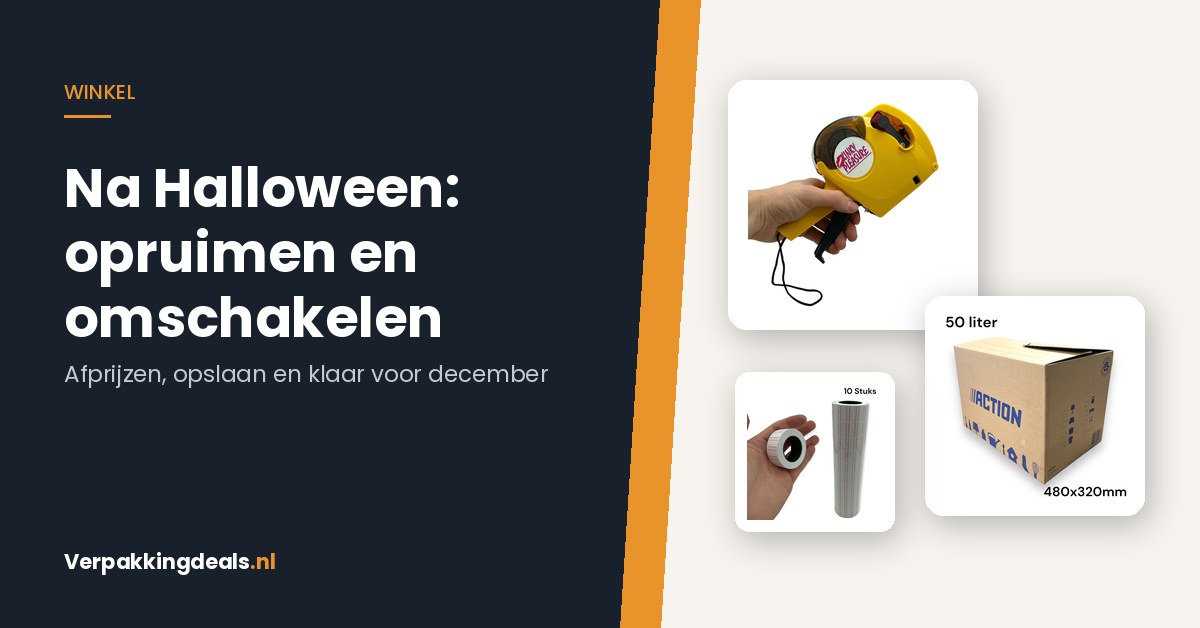 Prijstang, prijsstickers en een opbergdoos om seizoensvoorraad af te prijzen en op te slaan