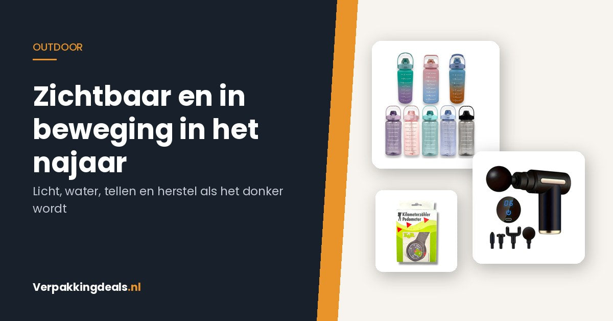 Waterfles met tijdsaanduiding, oplaadbare massage gun en analoge stappenteller voor het najaar