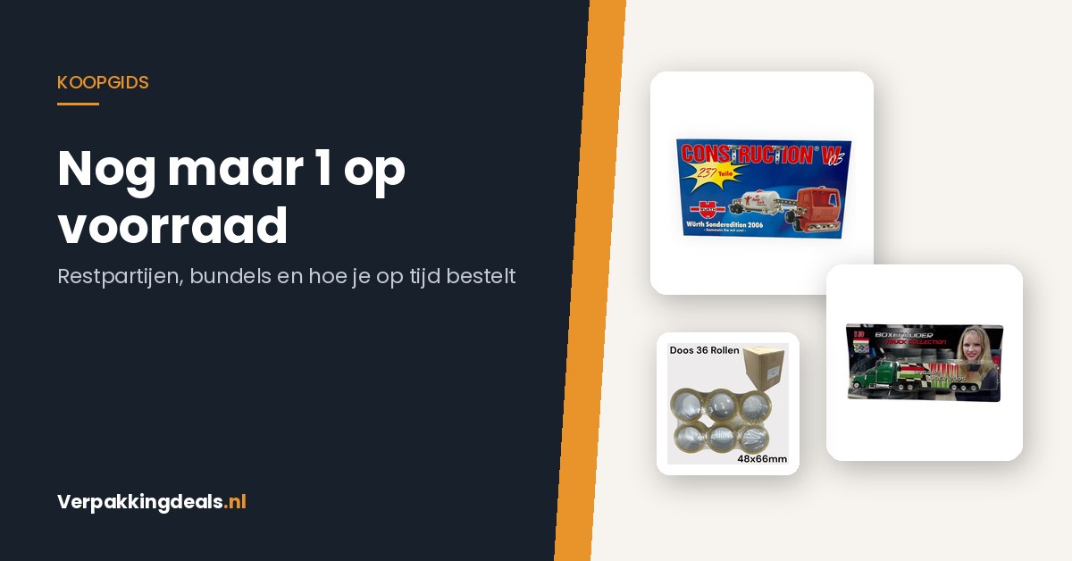 Restpartij-artikelen naast een doos tape als voorbeeld van doorlopende voorraad