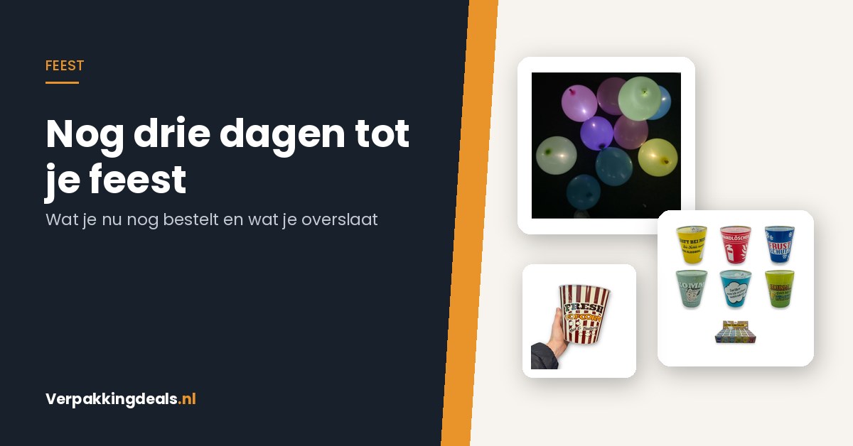 Feestartikelen voor een last-minute feest: LED-ballonnen, shotglaasjes en een popcornbak