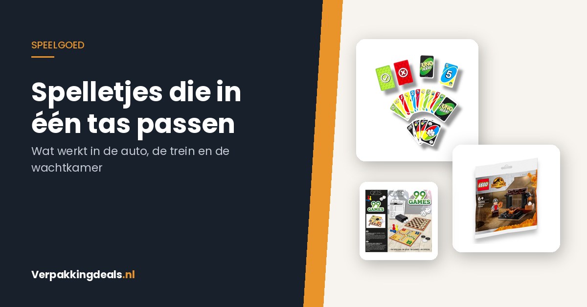 Kaartspel, LEGO-polybag en een reisspelletjesset naast elkaar: speelgoed dat in een tas past voor onderweg