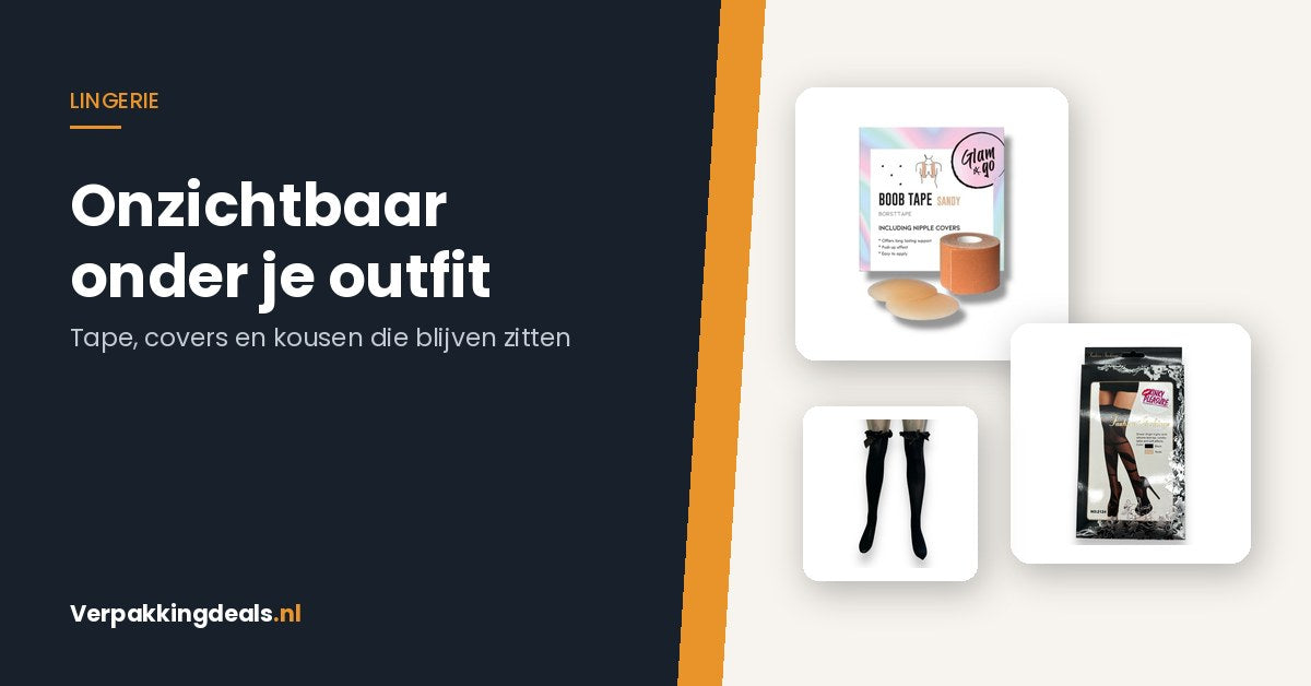 Boob tape met nipple covers, kousen en een panty met siliconen kant in de verpakking