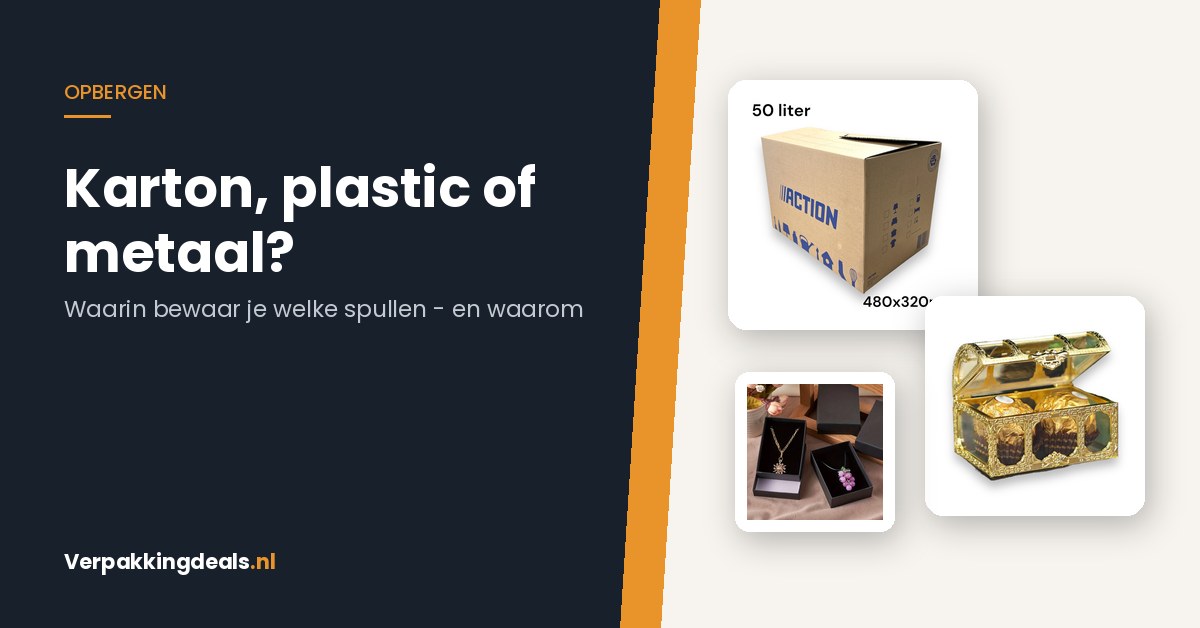 Een kartonnen verhuisdoos, een transparant plastic doosje en een zwarte sieradendoos