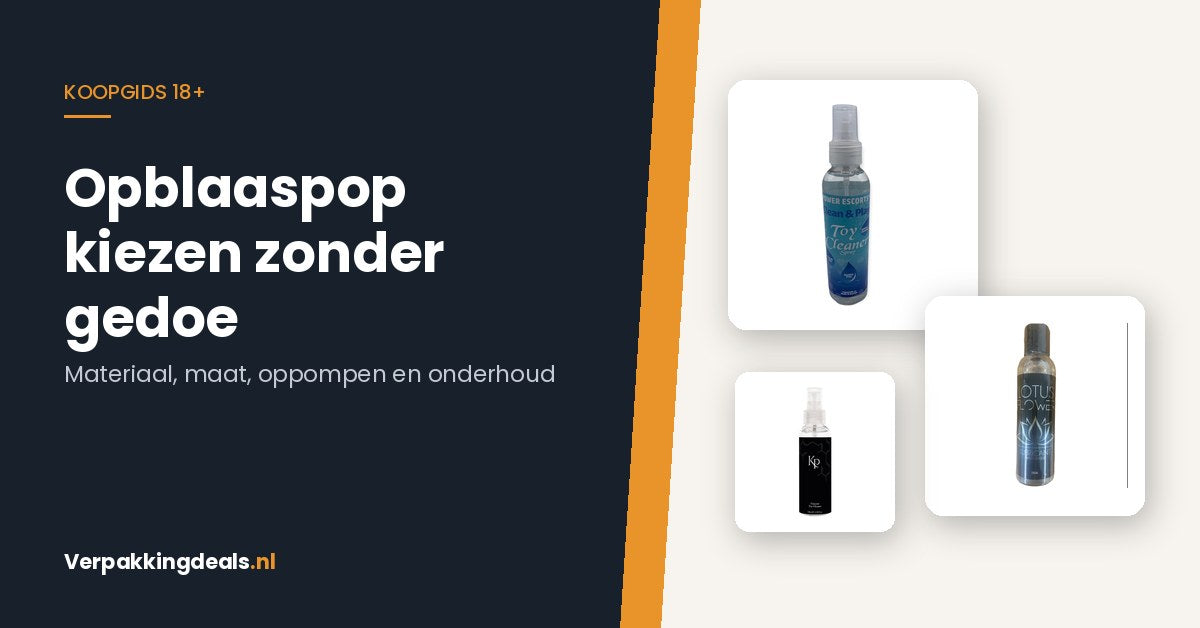 Flacons toycleaner en glijmiddel op waterbasis naast de titel van de koopgids