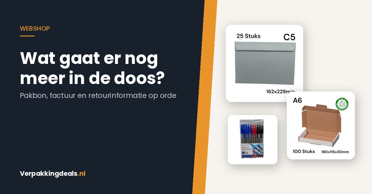 Enveloppen, brievenbusdoos en balpennen voor pakbon en factuur bij een bestelling