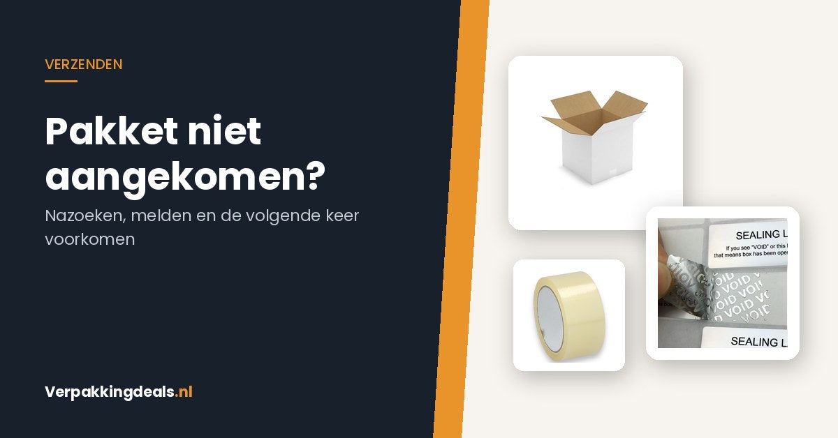 Witte verzenddoos, verpakkingstape en VOID-veiligheidszegels naast de tekst Pakket niet aangekomen