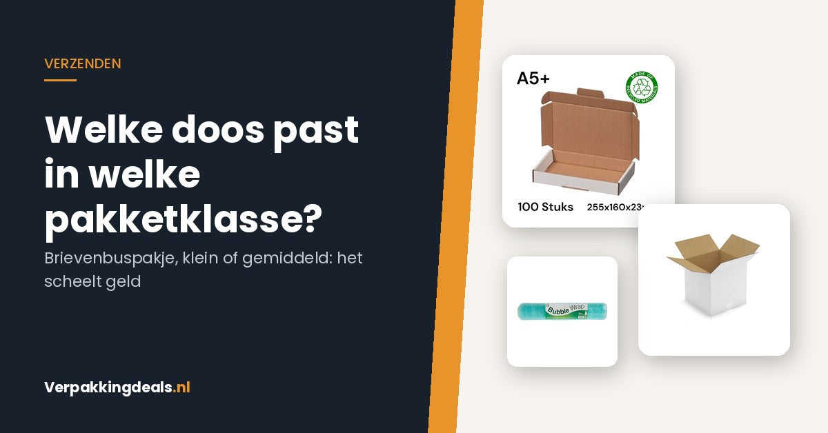 Brievenbusdoos, witte kartonnen verzenddoos en een rol noppenfolie naast de tekst: welke doos past in welke pakketklasse?