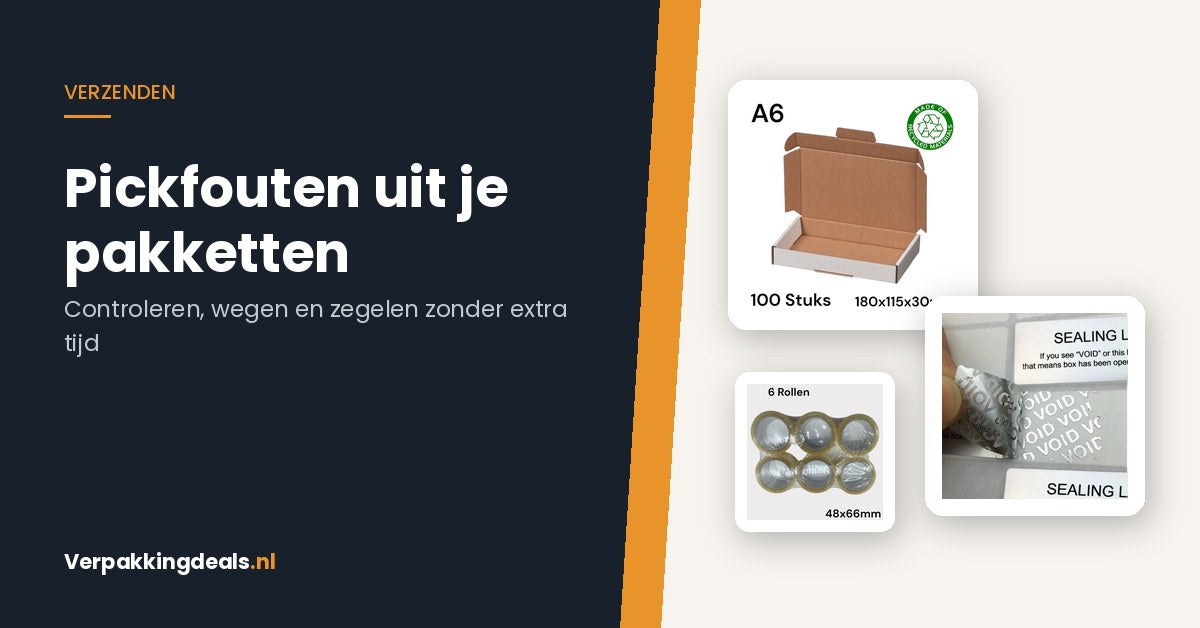 Brievenbusdoos, VOID-veiligheidszegels en verpakkingstape op een inpaktafel