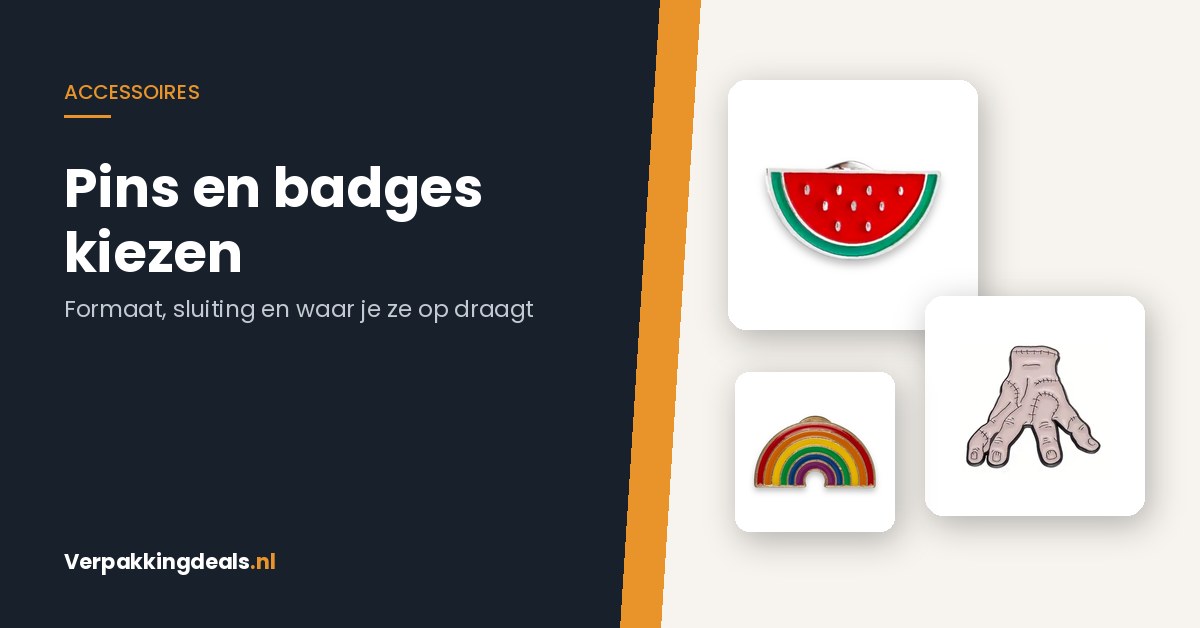 Emaille pins in verschillende vormen naast de titel Pins en badges kiezen