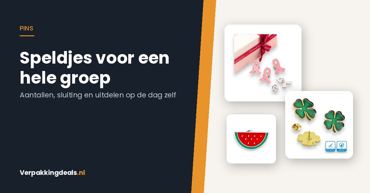 Header met roze lint speld, klavertjevier pin en watermeloen pin voor een artikel over speldjes voor groepen