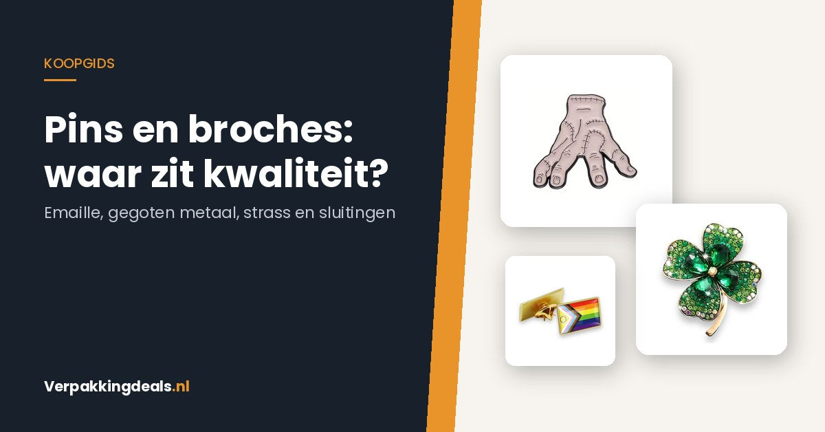 Metalen pins en een broche met strass naast de tekst: pins en broches, waar zit kwaliteit in