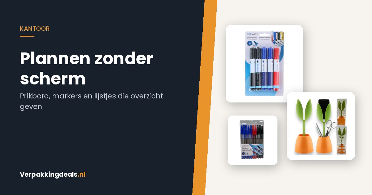 Markeerstiften, balpennen en een bureau organizer bij de titel Plannen zonder scherm