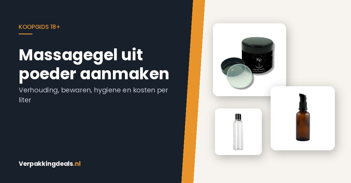 Verpakking massagepoeder met een amberkleurige glazen sprayfles en een navulbare fles van 120 ml