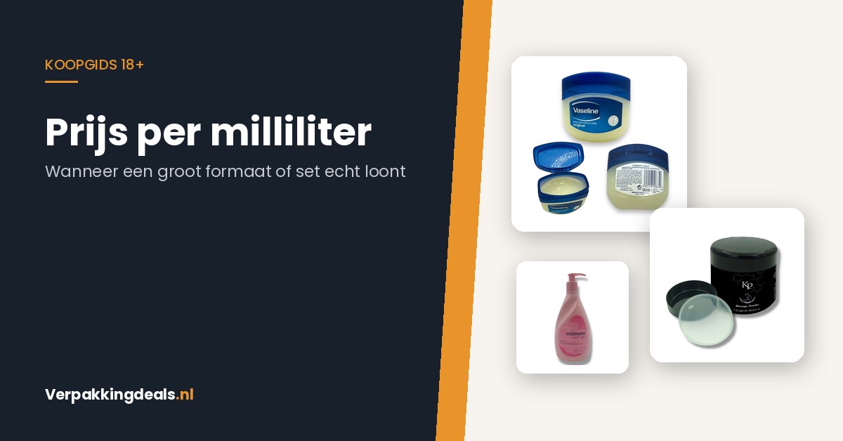 Verzorgingsproducten in verschillende verpakkingsformaten: pot vaseline, zak massagepoeder en flacon wasgel
