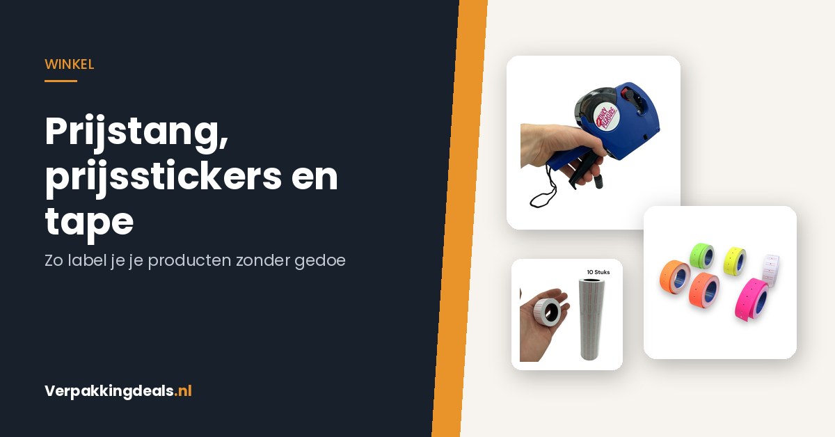 Prijstang met prijsstickers in meerdere kleuren naast de titel Prijstang, prijsstickers en tape