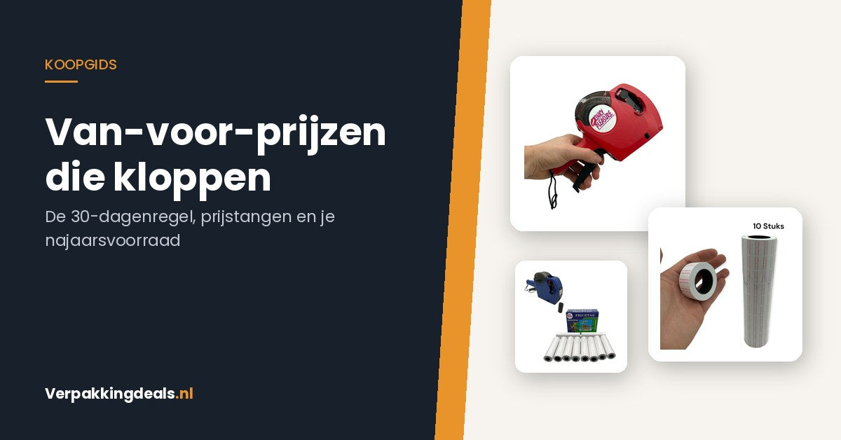 Prijstang met prijsstickers en losse stickerrollen voor het afprijzen van producten