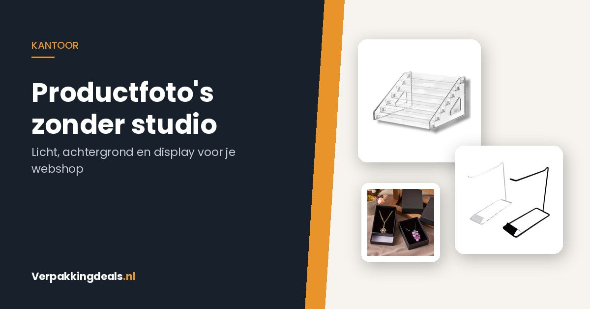 Acryl trapdisplay, sleutelhangerdisplay en zwarte sieradendoos als opstelling voor productfoto's
