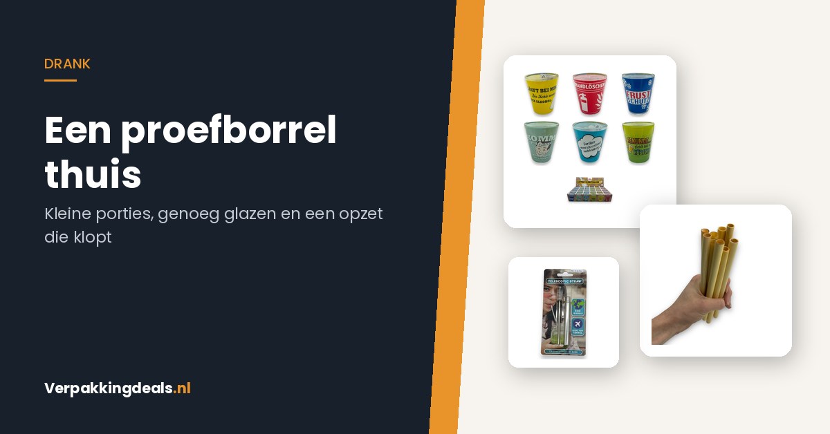 Shotglaasjes, bamboe rietjes en telescopische metalen rietjes voor een proefborrel