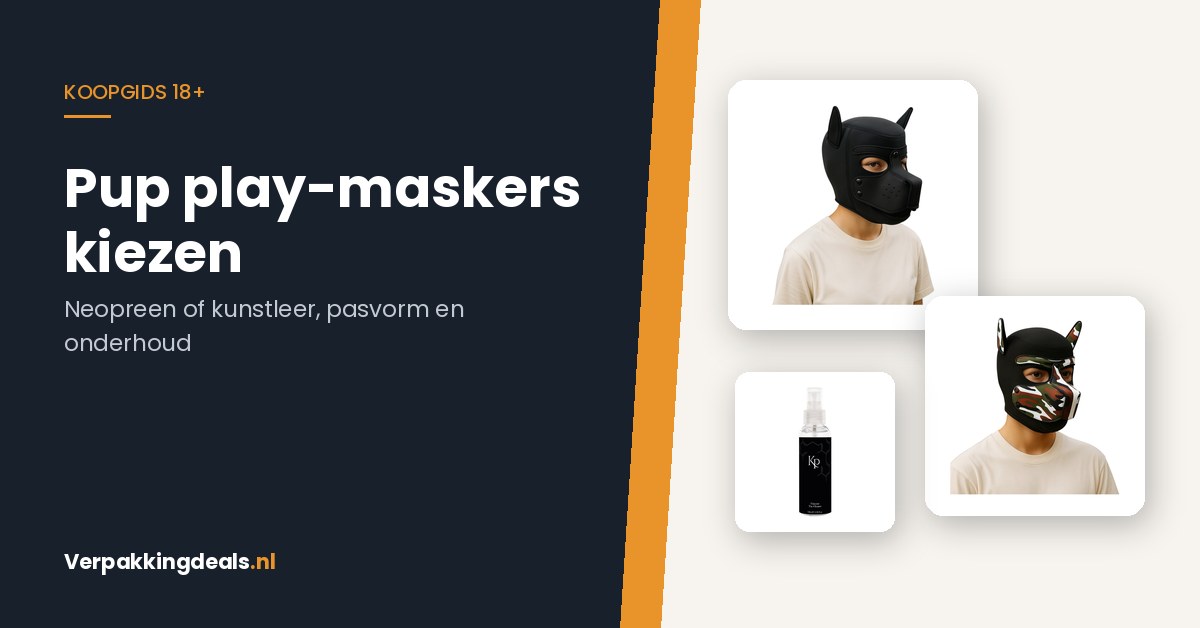Twee neopreen pup play-maskers en een flacon toycleaner naast de titel Pup play-maskers kiezen