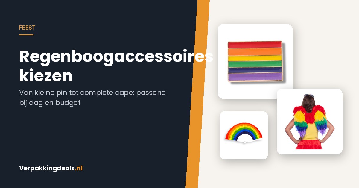 Regenboogvlag-pin, pride engelenvleugels en handwaaier naast de titel Regenboogaccessoires kiezen