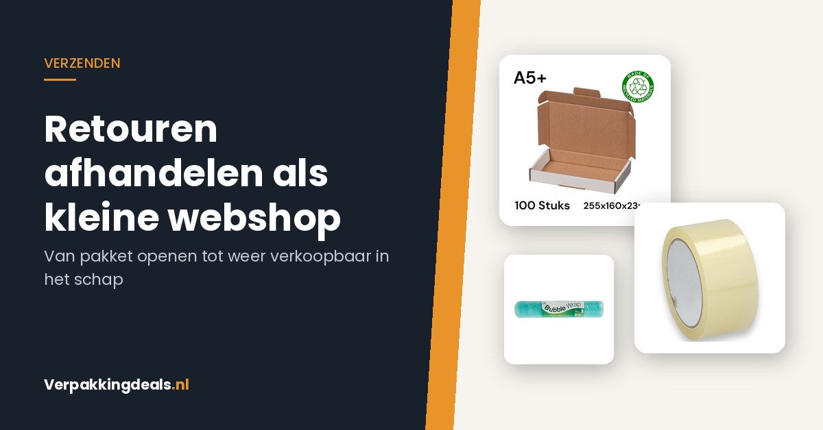 Brievenbusdoos A5+, rol verpakkingstape en noppenfolie naast de titel Retouren afhandelen als kleine webshop