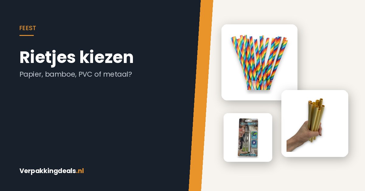 Papieren, bamboe en metalen rietjes naast de titel Rietjes kiezen