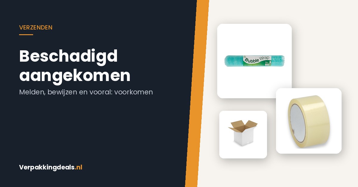 Noppenfolie, verpakkingstape en een kartonnen verzenddoos naast de tekst Beschadigd aangekomen