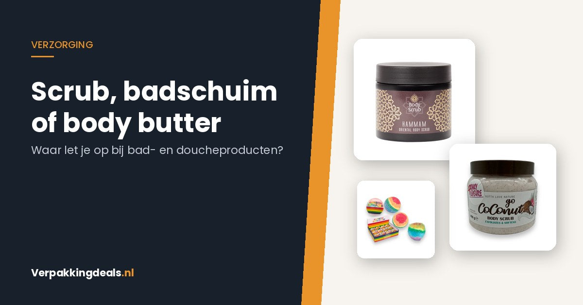 Potten body scrub en bruisballen naast de titel Scrub, badschuim of body butter