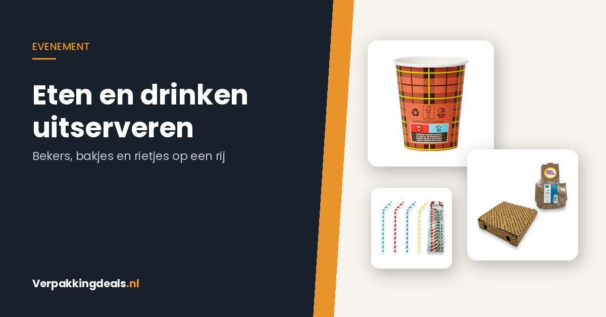 Koffiebekertjes, mini pizzadozen en papieren rietjes voor uitserveren op een evenement